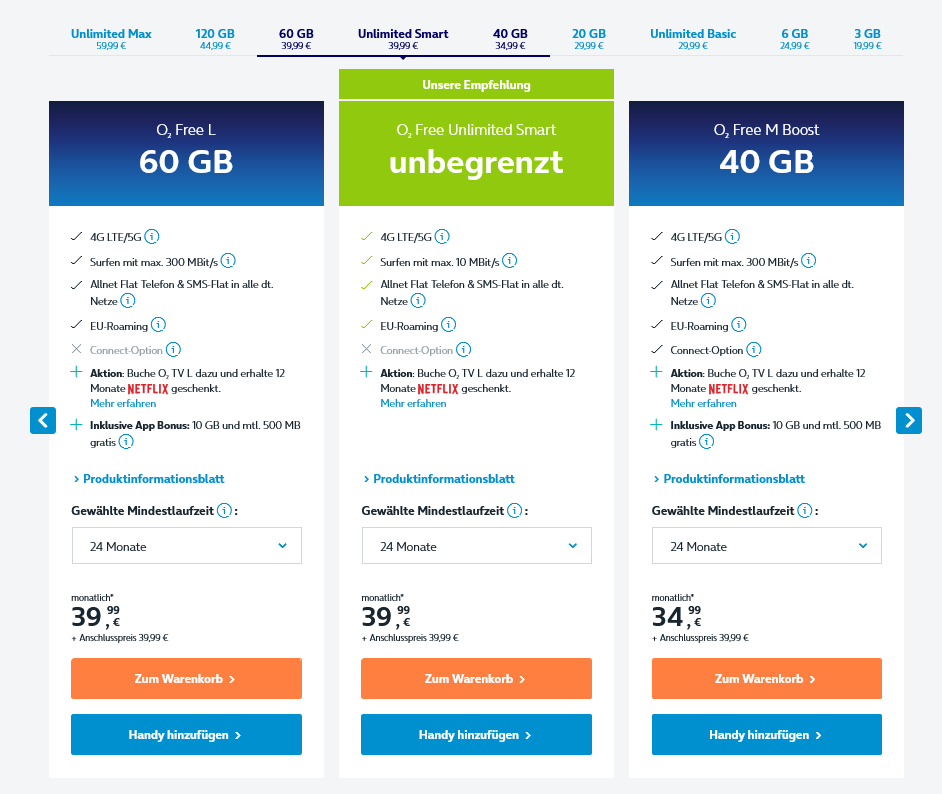 Übersicht über o2-Mobilfunk-Tarife