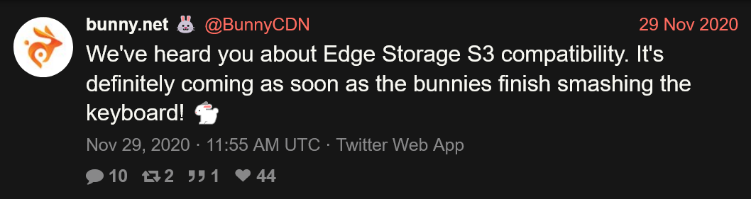 A tweet by @BunnyCDN saying that S3 support is comming soon