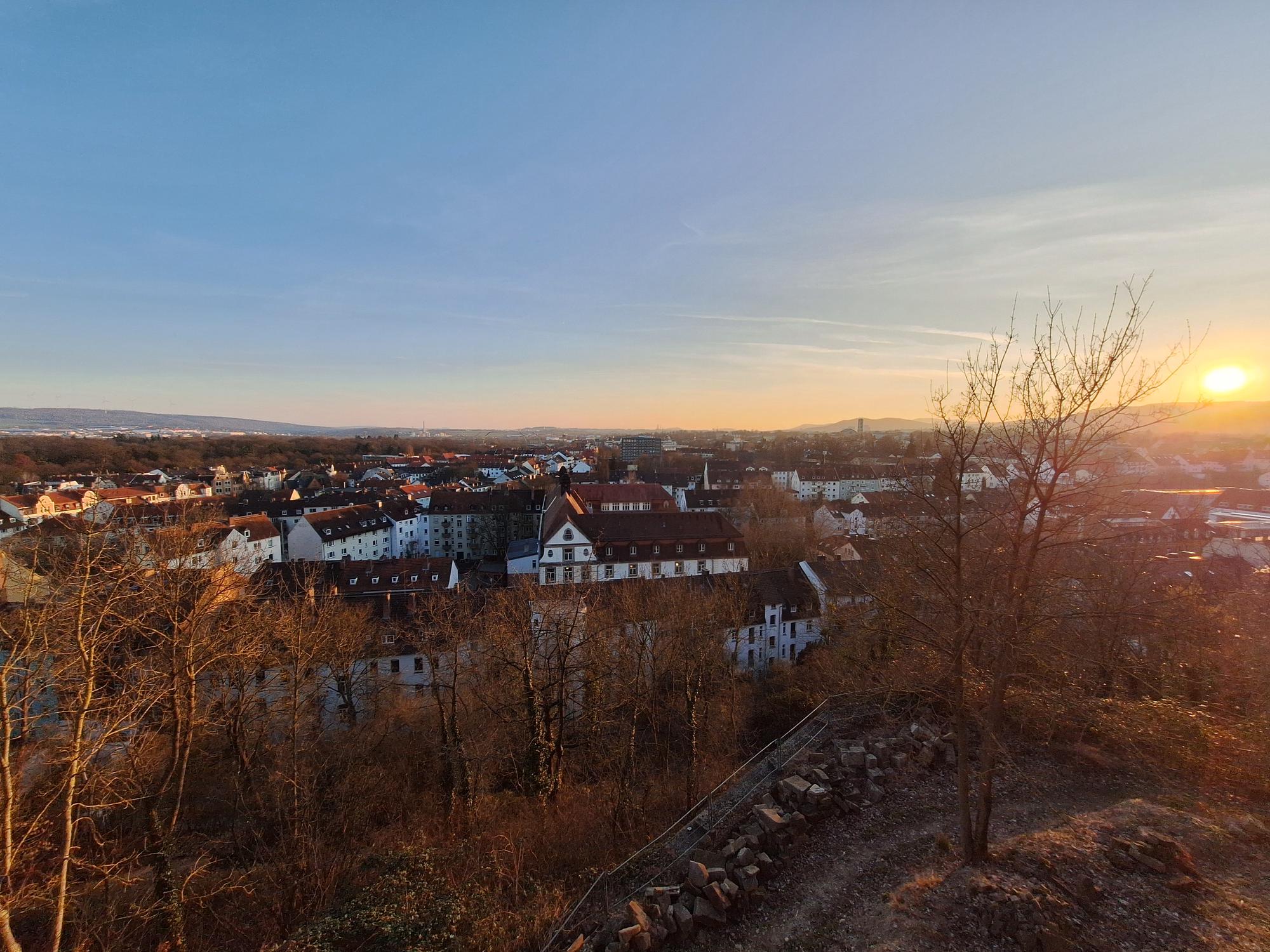 

AI generated caption: Sunset view over a town with trees in the foreground.