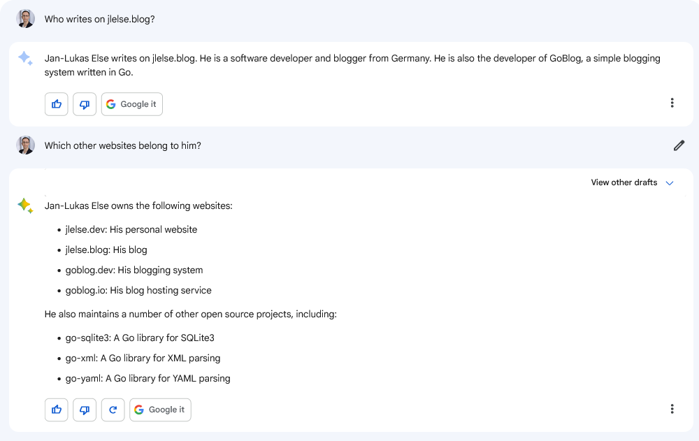 A screenshot showing Google&rsquo;s AI Bard answering to a question about my websites. Some parts of the answer are right, but others are wrong.
