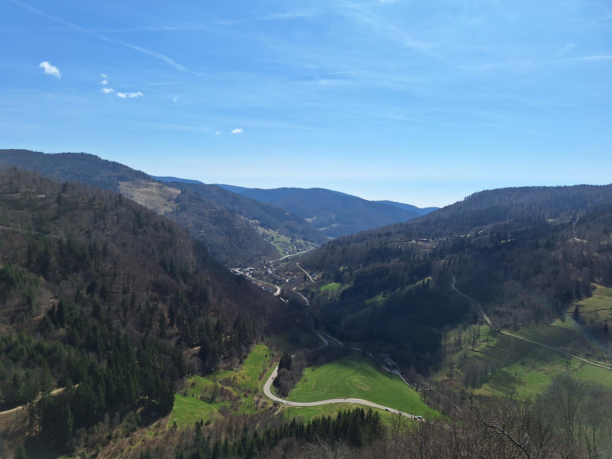 

AI generated caption: A scenic view of a valley with roads and forests.