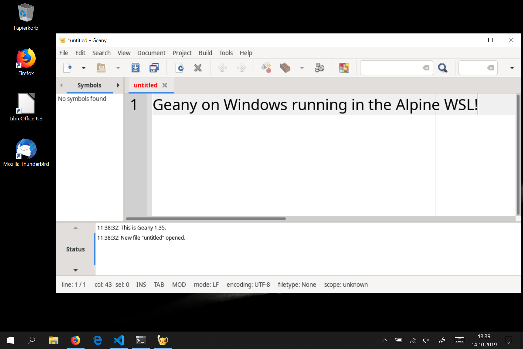 A screenshot showing Geany running on Windows using the Alpine WSL