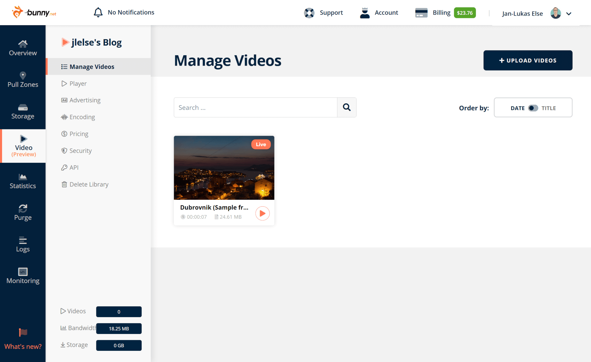 A screenshot of the dashboard