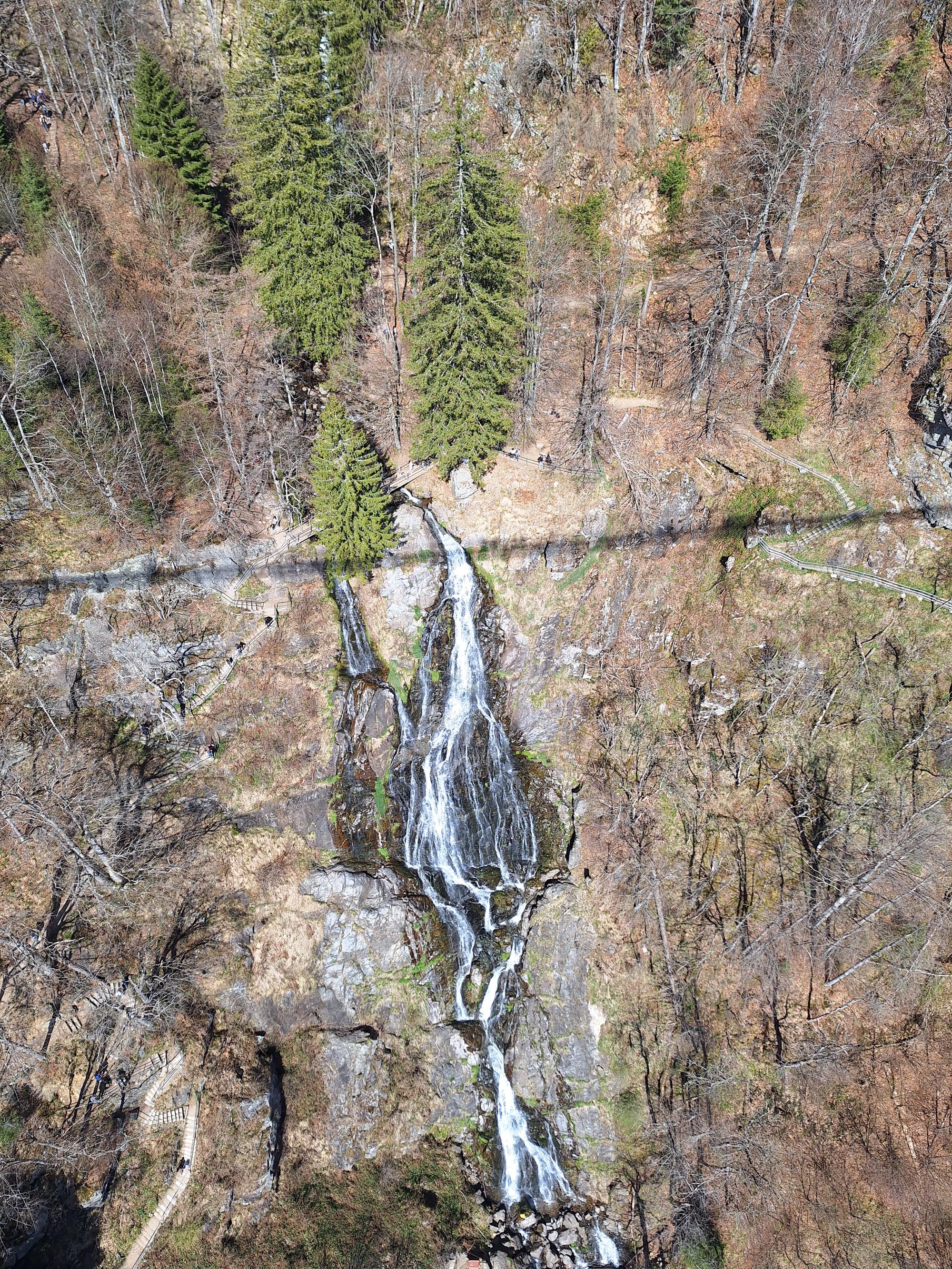 

AI generated caption: Aerial view of a waterfall amid forested landscape.